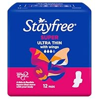 Stayfree Ultra Thin Super Pads With Wings 12 Pack |Fast Lock Pockets to Absorb Moisture Instantly | Neutralises Odour|Cottony-Soft Quilted Cover| Keeps Dry and Comfortable