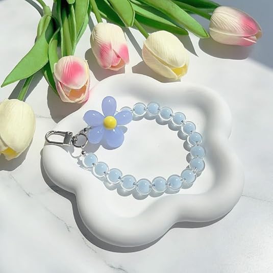Colorful Flower Daisy Transparent Beaded Phone Charm Y2K Cute Phone Strap Pink Yellow Green Daisy Lanyard Jewelry Keychain Charm for Women -pure blue