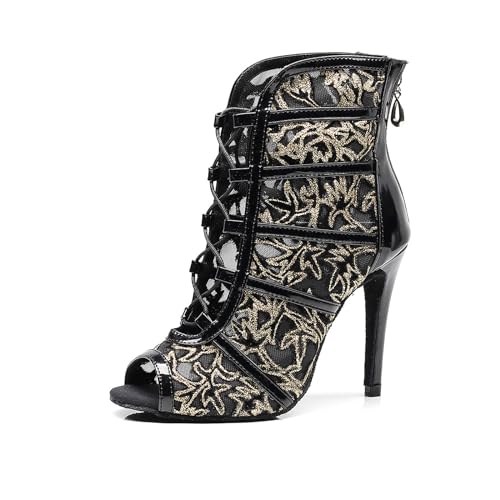 YKXLM Latin Dance Boots Salsa Bachata Performance Women Ballroom Lace-up Ankle Open Toe Dance Shoes