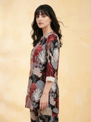 Image of Bee M Pee Designer Trendy Floral Printed Poly Rayon Cotton Kurta Coord Sets for Women | Stylish Casual Kurti Tunic Cord Set with Pant for Woman for Office