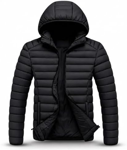 Jaqueta Masculina Impermeável Puffer Preta com Capuz Removível Casaco de Frio Inverno Leve Quente e Forrada