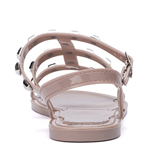 Olivia Miller Kid's Girl Fashion Shoes, Blush Pink Pvc Jelly W Gladiator Studded Adjustable Strap Slip On Open Toe Comfortable Trendy Casual Summer Geli Flat Slide Sandals #TOP4