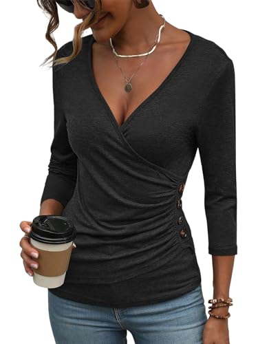 Deep V Neck 3/4 Length Sleeve Tops for Women Ruched Sexy Slim Fit Button Side Blouse