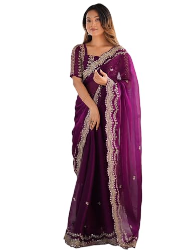 Image of Satrani Women's Shimmer Chiffon Sequins Embroidery Saree with Unstitched Blouse Piece