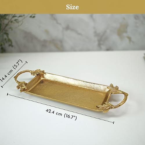 Image of BEHOMA Aluminium Golden Serve Tray with Leaf Handle, 16.7 inch | Golden aluminium serve tray with leaf handle, 16.7 inch; perfect Durga Puja & Navratri serveware.