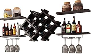 COSTWAY Wall Mounted Wine Rack with Floating Shelves, Champagne Glass Bottle Holder Bar Accessories Organiser Unit, Home Kitchen Dining Room Wine Storage Display Shelf (Black)