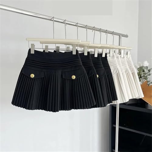 Elegant Pleated Mini Skirts Women Vintage Buttons Solid A-Line High Waist Short Skirt2