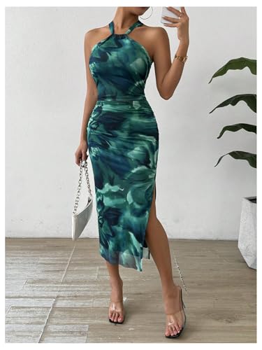 Image of GORGLITTER Women's Floral Print Halter Midi Dress Summer Mesh Sleeveless Going Out Birthday Vacation Beach Sundresses
