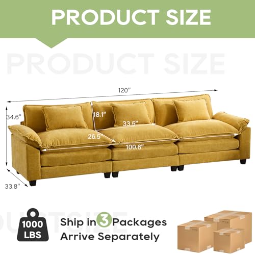 Image of Oprisen 120 inch Modular Sectional Sofa, Comfy Cloud Couch Sectional Sofa, Chenille Sofa Sleeper Deep Seat Sofa with Throw Pillows for Living Room (Yellow, 120 inch- 3 Seater)