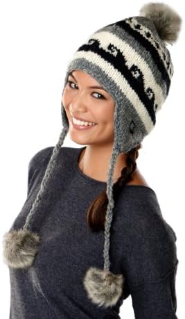 SIJJL Fleece Lined Earflap hat with Faux Fur Pompom Accents Grey one Size Apparel