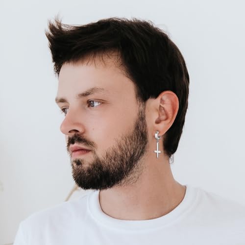 JewelryWe Kolczyki w kształcie krzyża odwróconego, kreolki: 3 pary kolczyków ze stali nierdzewnej, odwrócony, krzyż piotra, bez przekłuwania uszu, fałszywe kolczyki sztyfty, huggie hoop dla mężczyzn i