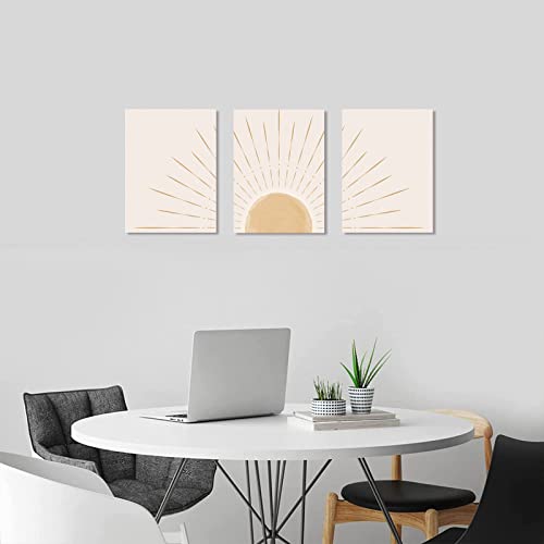 Boho Wall Art Set Of 3, Framed Canvas Wall Art Yellow Sun Rising On The Horizon Geometric Nature Illustrations Line Art Wall, Mid-Century Modern Prints Boho Sun Wall Decor For Living Room, Bedroom, Bathroom, Office, 12"X16" Natural #TOP3