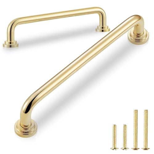 QOGRISUN 5-Pack Unlacquered Brass Cabinet Pulls Gold Curve Drawer Dresser Handles 5-Inch Hole Center Kitchen Cupboard Hardware Polished Brass Finish