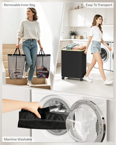 Image of Double Laundry Basket with Wheels and Lid, 150L Clothes Hampers for Laundry | Large Laundry Hamper with 2 Sections & Removable Liner Bags, Rolling Dirty Clothes Basket for Bedroom Bathroom Dorm College
