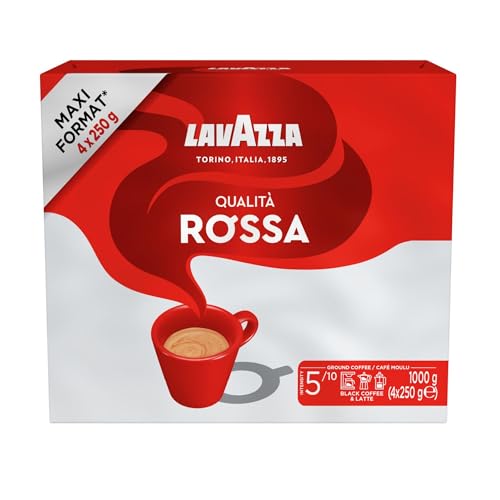 Lavazza Qualità Rossa Ground Coffee 1 kg Ideal for Moka Pots with Aromatic Notes of Chocolate and Dried Fruits Arabica and Robusta Intensity 5/10 Medium Roasting 4 x 250g