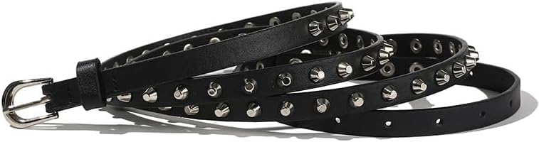 Women's Stylish Studded Genuine Leather Belts Slim Black Belt for Casual and Dress