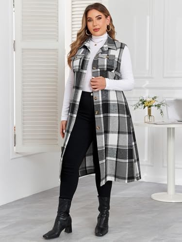 ZOMVA Plus Size 1X-5X Flannel Plaid Long Midi Vest with Pockets Button Down Sleeveless Shacket Coats Fall Outfits Jackets4
