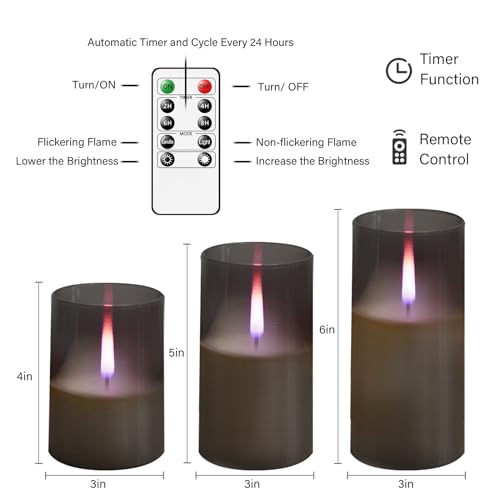Image of Sasigeiaa 3Pack Flameless Candles, LED Candles, Flameless Candle with Remote Control，with Timer 2 /4 /6 /8H，Flickering flameless Candles Ldeal for Setting The Mood（Grey）(D 3 inch xH 4 inch 5 inch 6 inch)