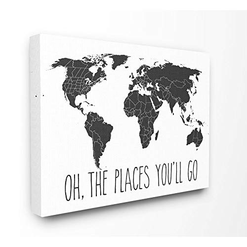 Stupell Industries Black and White Map Oh The Places You'll Go Design by Artist Lettered and Lined Typography Wall Art, 16 x 20