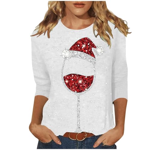 Ladies Christmas Tops Christmas Jumpers for Women Xmas Tree Print Xmas T-Shirts Plus Size Novelty Funny 3/4 Sleeve Elf Santa Print Reindeer Graphic Blouse Ugly Tee Shirt Pullover (1118-B-White, S)