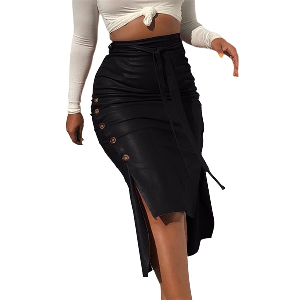 Women Trendy Leather Midi Skirt Solid Color High Waist Lace-up Side Button Slim Skinny Pencil