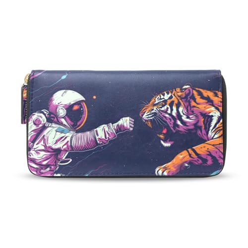 MNSRUU Womens Wallet Purses, Cosmonaut Fight with Alien Tiger Clutch Purses for Women RFID Blocking Credit Card Holder Wallet Leather Zipper Coin Purse
