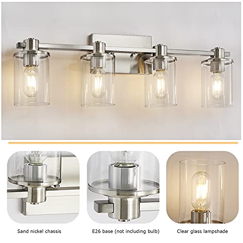 Image of 4-Light Bathroom Lighting,Modern Brushed Nickel Vanity Light Fixture Over Mirror,Industrial Wall Lamp with Clear Glass Shade