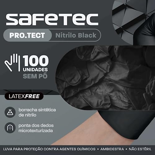 Luva Nitrílica Black para Proteção Química Safetec (sem pó) UniGloves® - M - 100 Unidades