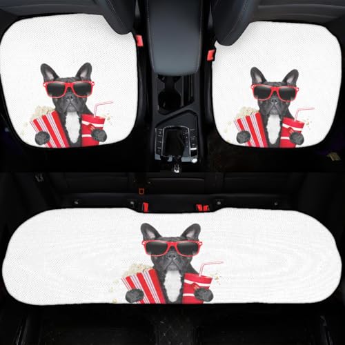 車の座布団 面白い 犬柄 フレンチブルドッグ 冷感座布団 カーシートクッション 車用シートカバー 車ざぶとん 前座席用2枚+後部座席用1枚 3枚組セット滑り止め付き 低反発 通気性 カー装飾