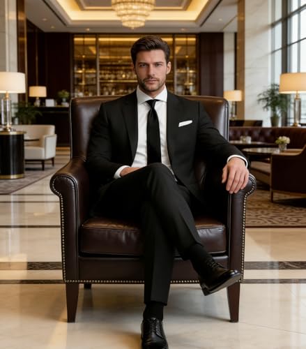 بدلة رجالية سوداء انيقة من قطعتين من شوززانجي، بدلات للرجال بقصة عادية لحفلات الزفاف والحفلات الراقصة والعشاء، مقاس 42 L