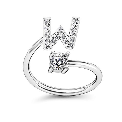 Image of HUJUON Silver Initial Letter Ring for Women. Adjustable Crystal Alphabet Ring,Name Initials Stackable Knuckle Rings A-Z CZ Open Ring