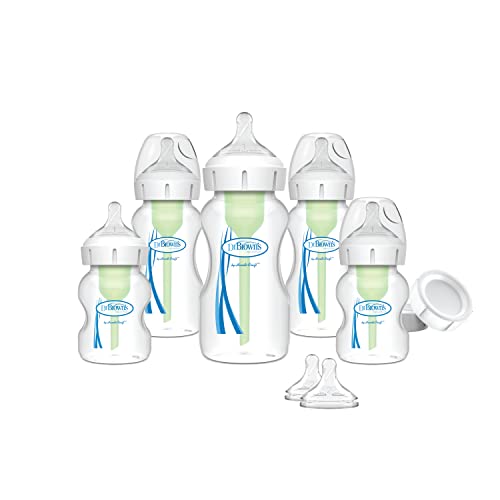 Dr. Brown’s Natural Flow Anti-Colic Options+ Wide-Neck Baby Bottle Newborn Feeding Set with Baby Bottle Travel Caps