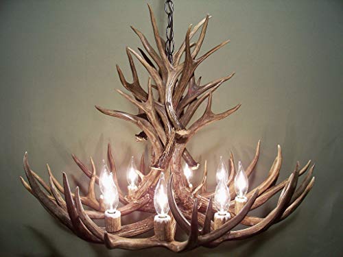 REAL ANTLER CHANDELIER, 8 LIGHTS, SHED MULE DEER ANTLER ART, ELK COVERED SOCKETS HANDMADE 28