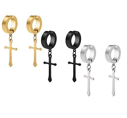 PS CREATION Non-pierced Clip On Hoop Earrings Set of 3, Stainless Steel Cross Dangle Drop Hoop Earrings, Graduation Gifts for Boy Men, 3 Pairs