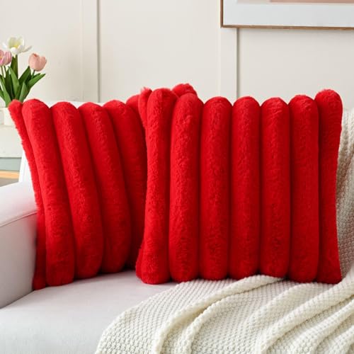 HAUSSY Pack of 2 Pillow Covers 18x18 Inch, Faux Fur Decorative Couch Throw Pillows Soft Striped Plush Cushion Covers Home Decor Cute Furry Pillowcase for Living Room Sofa Bed, Red (Covers Only)