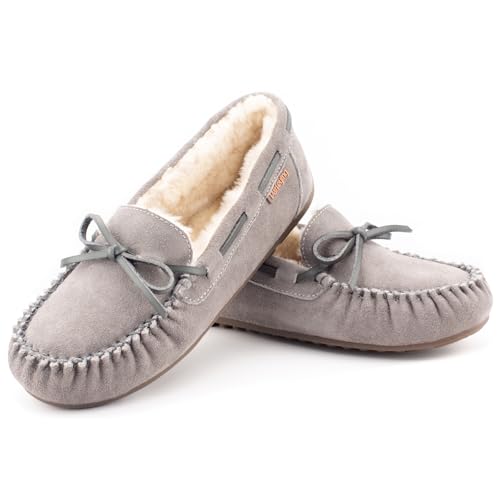 Parfeying Women's Sheepskin Moccasins Cow Suede Memory Foam Slippers Indoor Outdoor Shearling Winter Shoes,L20101 Grey 6US