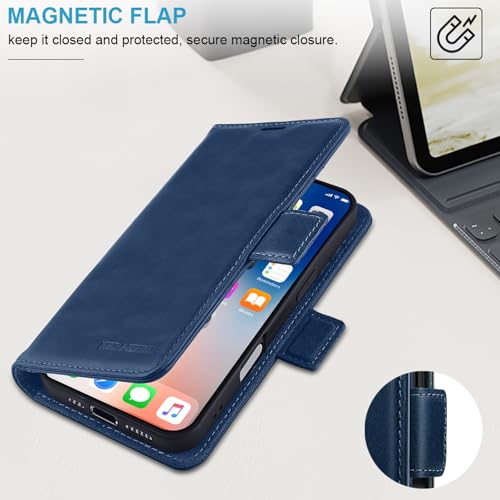 KEZiHOME Wallet Case for iPhone 16 Plus, Genuine Leather RFID Blocking with Card Slots, Magnetic Kickstand Shockproof Phone Flip Cover Case Compatible with iPhone 16 Plus 5G 6.7 inch (Blue) - image 6