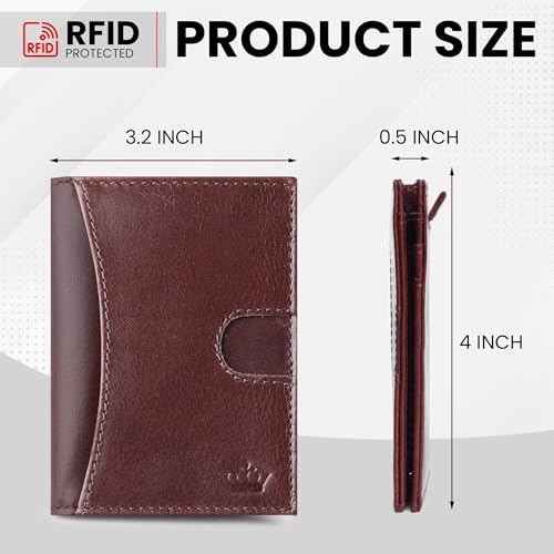 Image of RFID Genuine Leather Card Holder for Men - Slim Wallet with 9 Card Slots, ID Window & Card Puller - Cherry Red