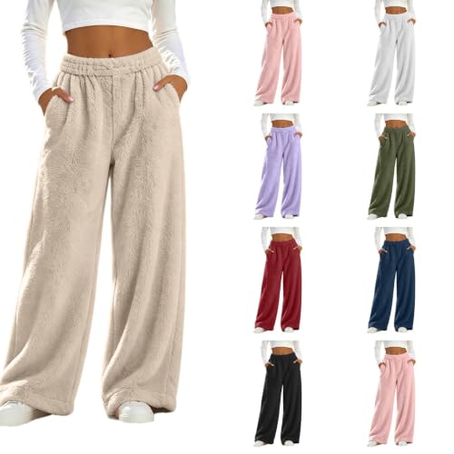 Women's Fuzzy Plush Pajama Pants Wide Leg Pj Bottoms Lounge Pants Beige - image 1
