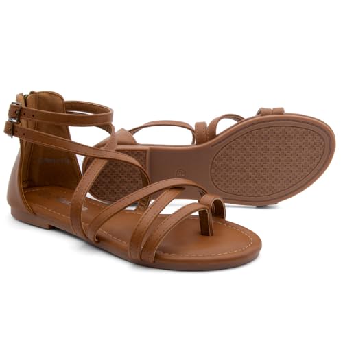 Image of Shoe Land Gladiator Sandals for Women - Strappy Flat Sandals with Ankle Strap & Back Zipper | Fisherman Thong Strappy Style for Walking, & Daily Wear | Trendy 2025 Summer