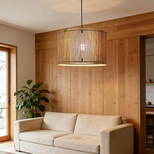 Image of Pendant Lamp Shade, Translucent Bamboo Made, 13.8x9 Inch, Modern Minimalist Style for Living Room, Bedroom (Green Pattern A)