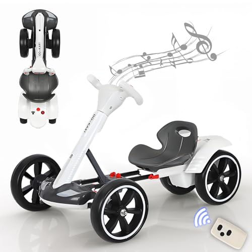 Go Kart para niños de 3 a 12 años, Go Cart plegable con modelo de marcha atrás, Go-Kart a pedales con asiento ajustable y música y luces, 5 MPH Speed Drift Go Cart para exterior interior,blanca,6V