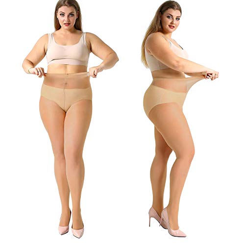 MANZI 4 Pairs Plus Size Pantyhose for Women 20 Denier Sheer Stocking(Natural,X-Large)