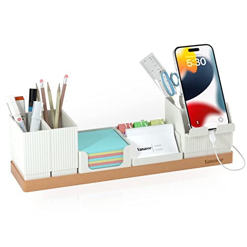 Desk Organiser, Yanavee Office Supplies Storage with Adjustable Phone Stand, Pen Holder, Name Card Holder, Pencil Cup, Sticky Note Tray, Supplies Caddy, Vesertile Desk Organiser for Home Office, White