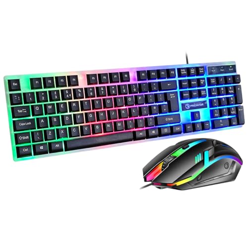 JUSTOP Juego de teclado y mouse con cable USB, luces LED luminosas, teclado delgado de tamaño completo, mouse LED para juegos, juego o negocios, diseño del Reino Unido, para PC, laptop, Windows y Mac