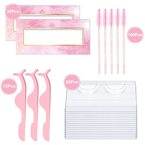 175 Pieces Lash Packaging Wholesale, Include 30 Empty Eyelashes Packaging Box, 30 False Lash Trays, 15 Eyelash Tweezers And 100 Eyelash Brush Mascara Wands Disposable (Pink) #TOP1