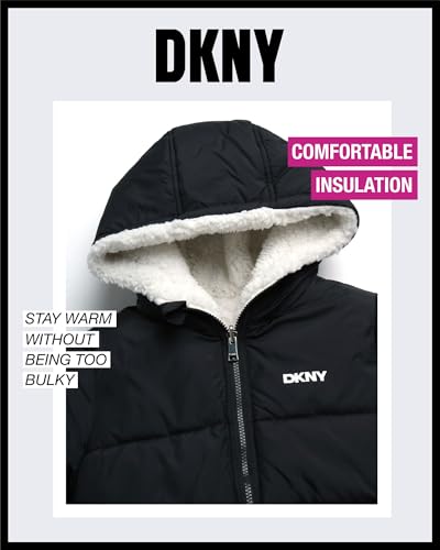 Image of DKNY Girls' Reversible Puffer Jacket - Quilted Bubble to Sherpa Hooded Winter Coat - Warm Outerwear Jackets for Girls (7-16)