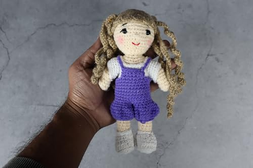 Image of Sutra Handmade Crochet Doll in Purple Overalls & White Top | Wool Amigurumi Soft Toy | Handmade Gift for Kids, Nursery & Home Decor