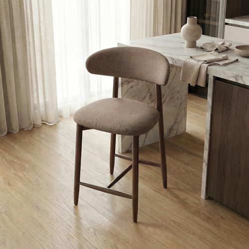 Image of Bar Stools Set of 1, 25.6″ Counter Height Bar Stools with Wood Legs, Upholstered Modern Kitchen Barstools for Kitchen Island Dining Room Bar, Camel