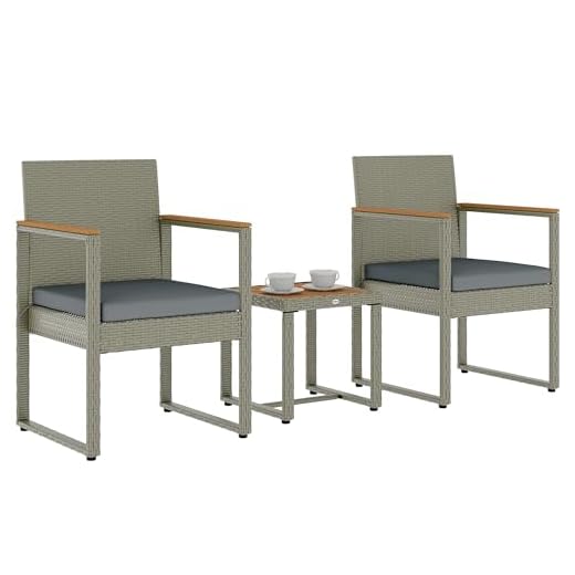 Outsunny 3-Piece Rattan Bistro Set, Patio Table and Chairs Set with Removable Cushions, Rattan Conversation Set with Acacia Wood Table & Adjustable Foot Pads for Garden Balcony, Grey